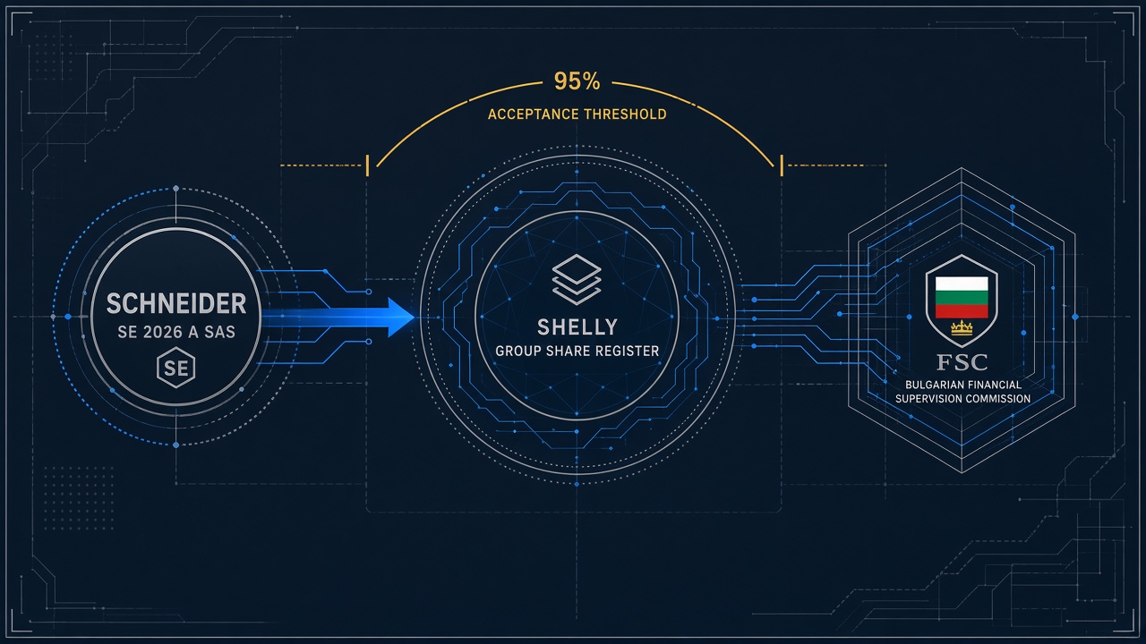 Schneider Electric SE 2026 A SAS bidder node entering Shelly Group share register through a 95 percent acceptance arc and Bulgarian FSC clearance gate