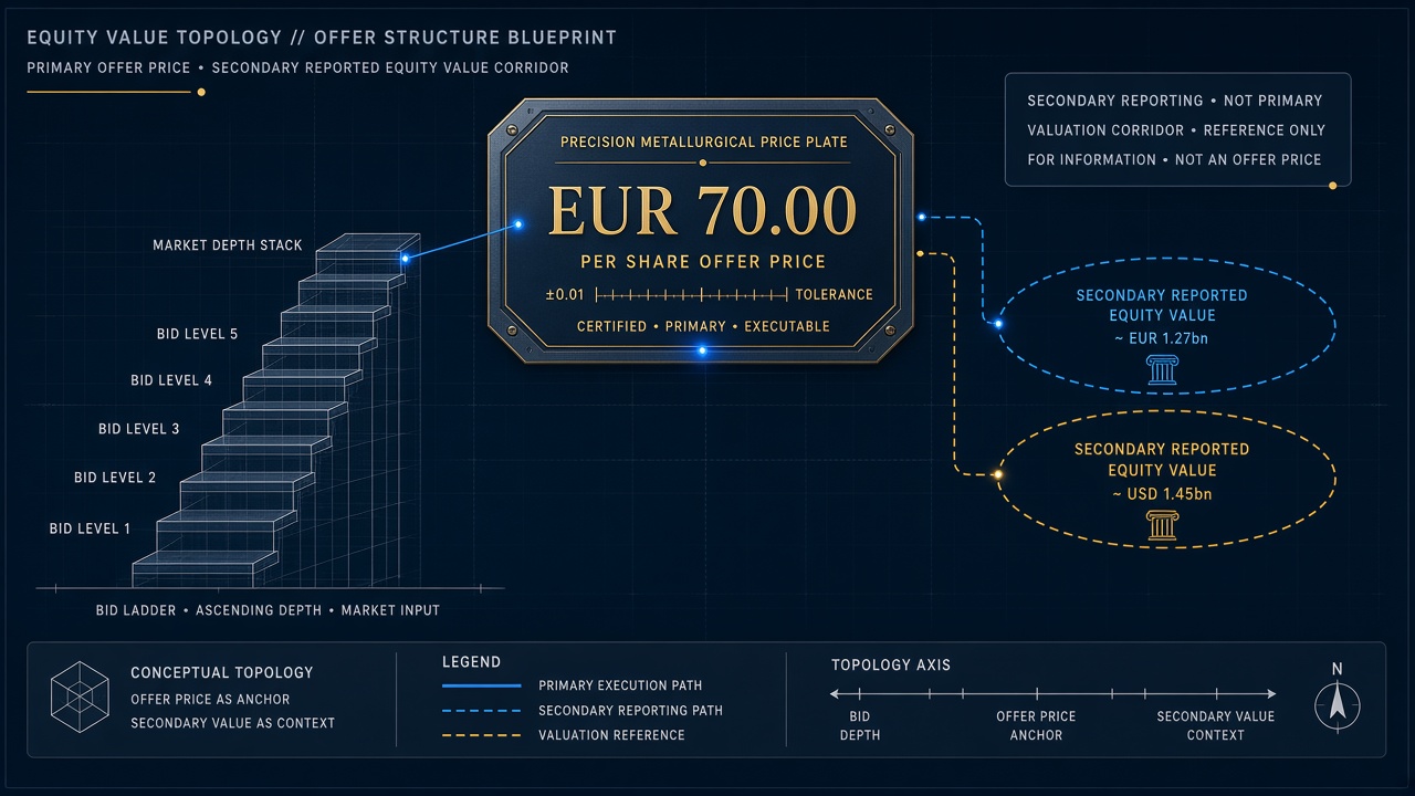 EUR 70.00 per share offer price plate connected to secondary-reported equity value rings of about EUR 1.27 billion and 1.45 billion US dollars