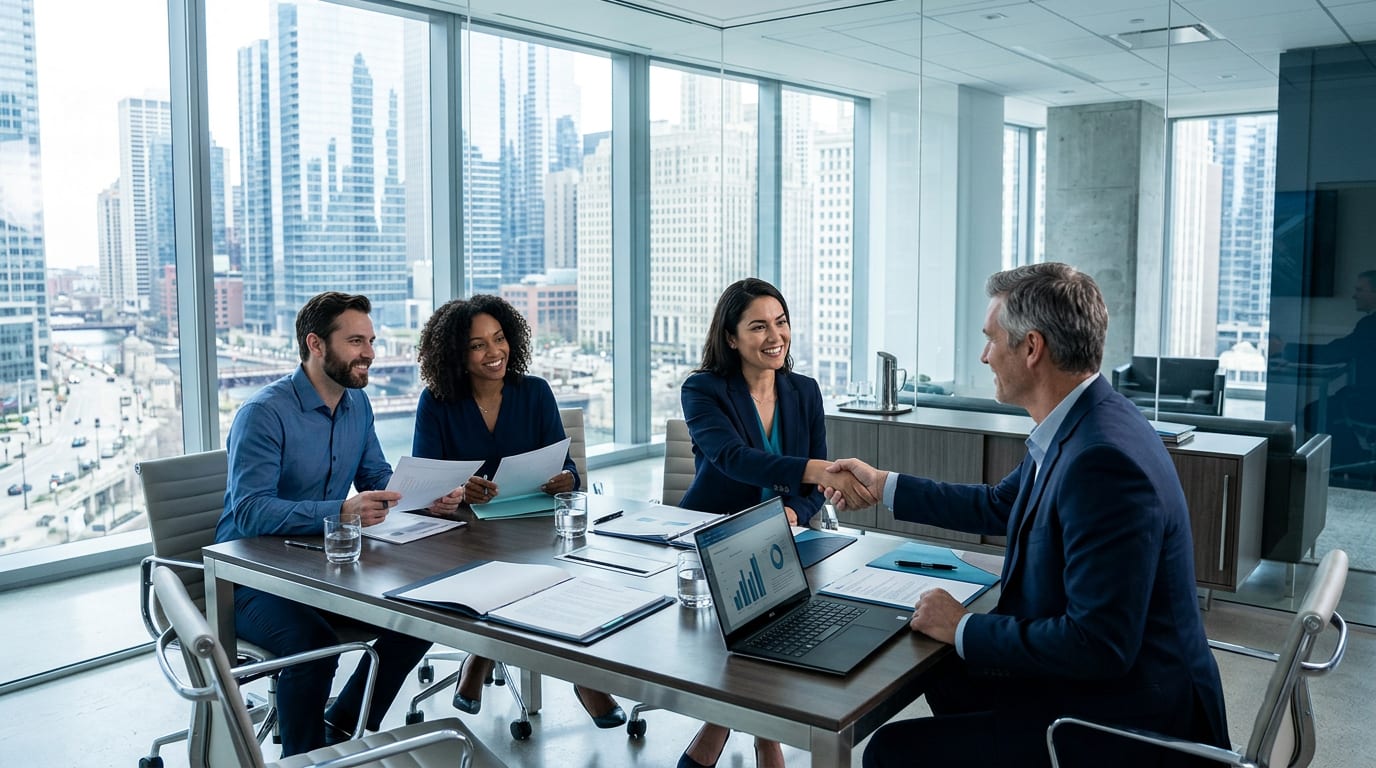 Executives sign documents at a long table in a bright boardroom overlooking the City of London