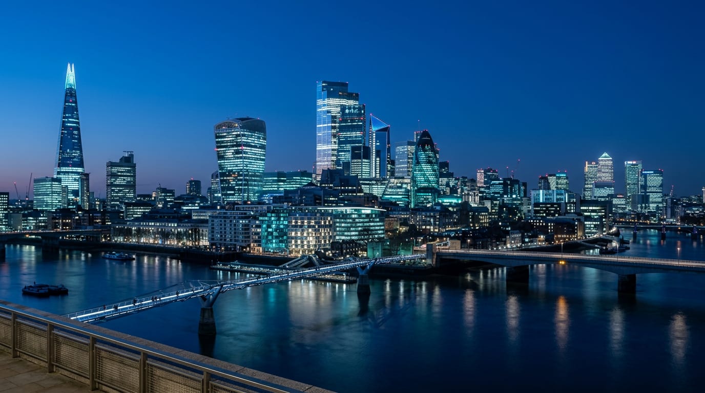 A modern bank headquarters in the City of London at blue hour, with lit office floors