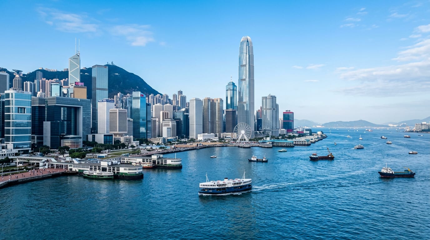 Victoria Harbour and the Hong Kong skyline in clear evening light, seen from a high office window