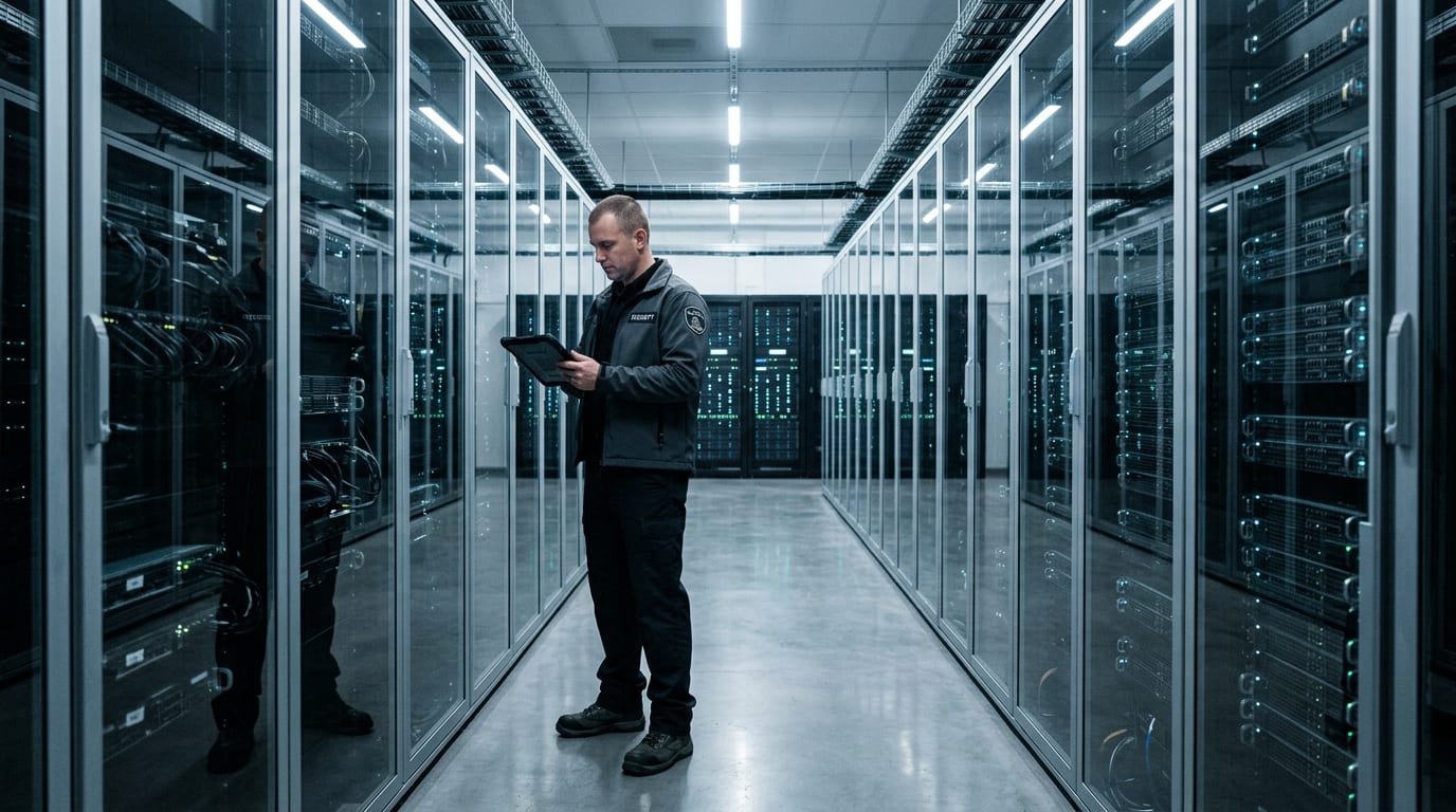 A secure, softly lit data centre aisle with rows of server cabinets behind glass doors