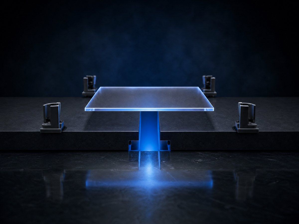 Editorial illustration: two aligned machined slabs separated by a luminous blue gap with an unclamped seal above
