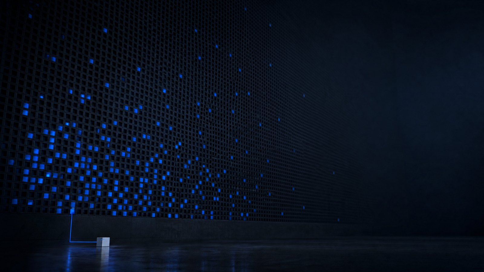Editorial illustration: a dense lattice of illuminated blue nodes converging on a single channel