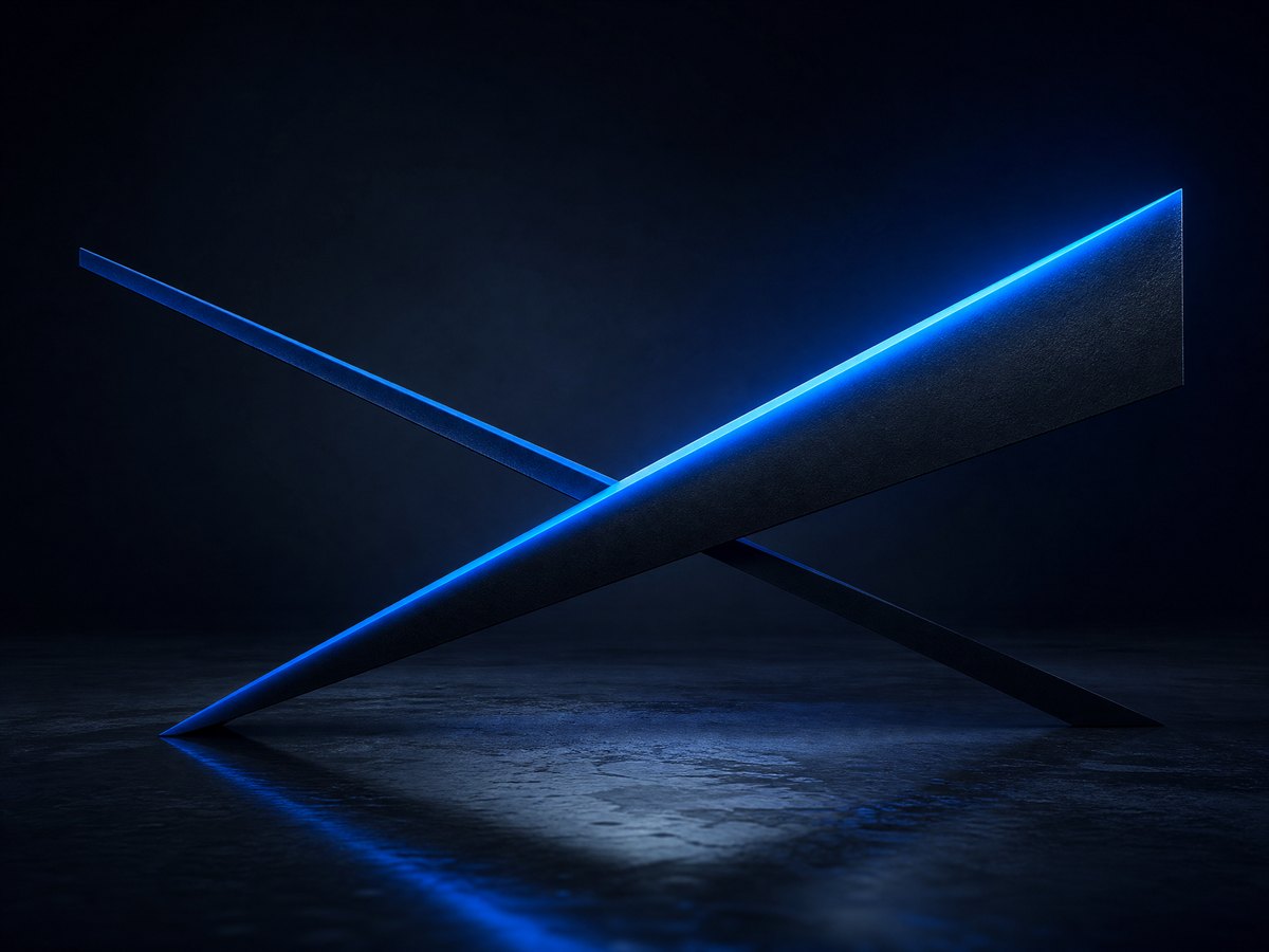 Editorial illustration: two opposing blue vectors, one rising in volume and one descending in intensity, crossing over a dark field