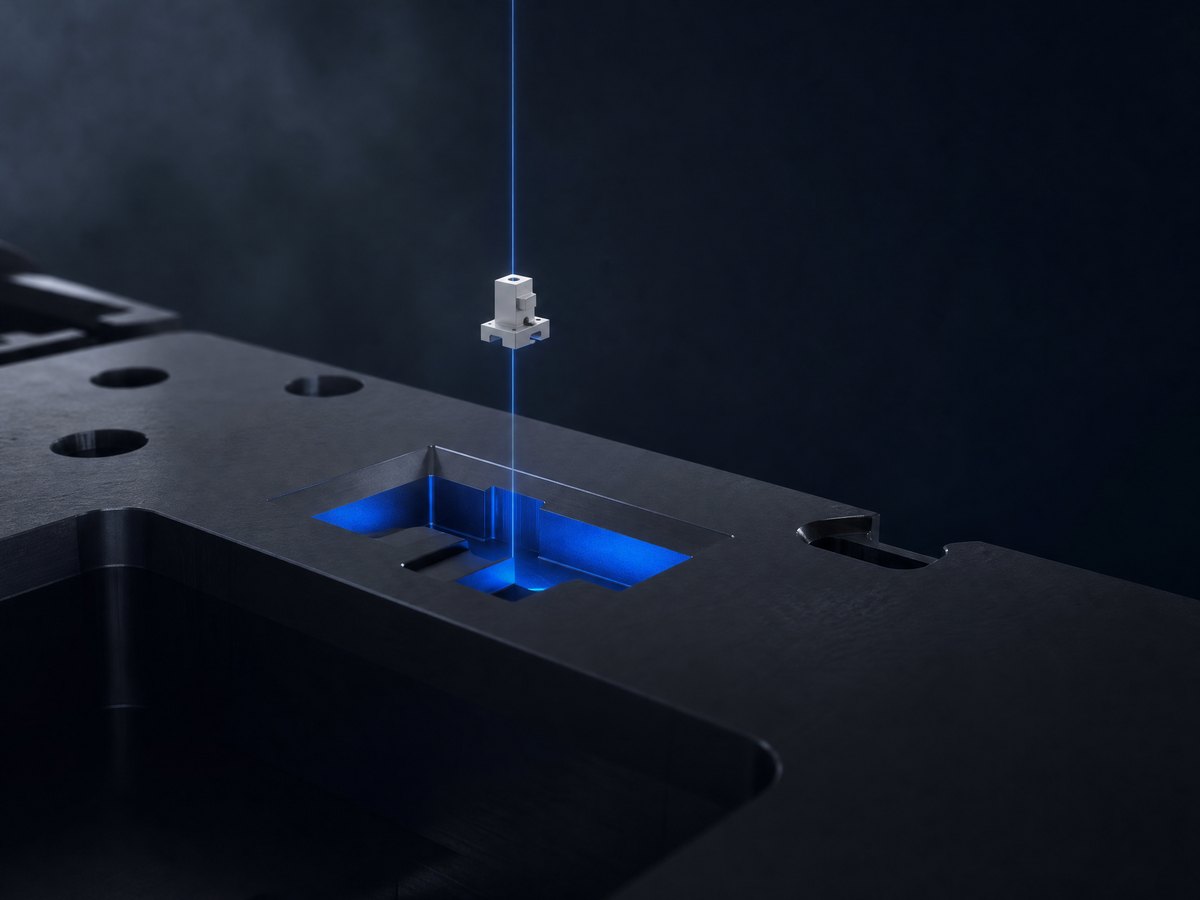 Editorial illustration: a small precisely machined component descending into a much larger machined housing