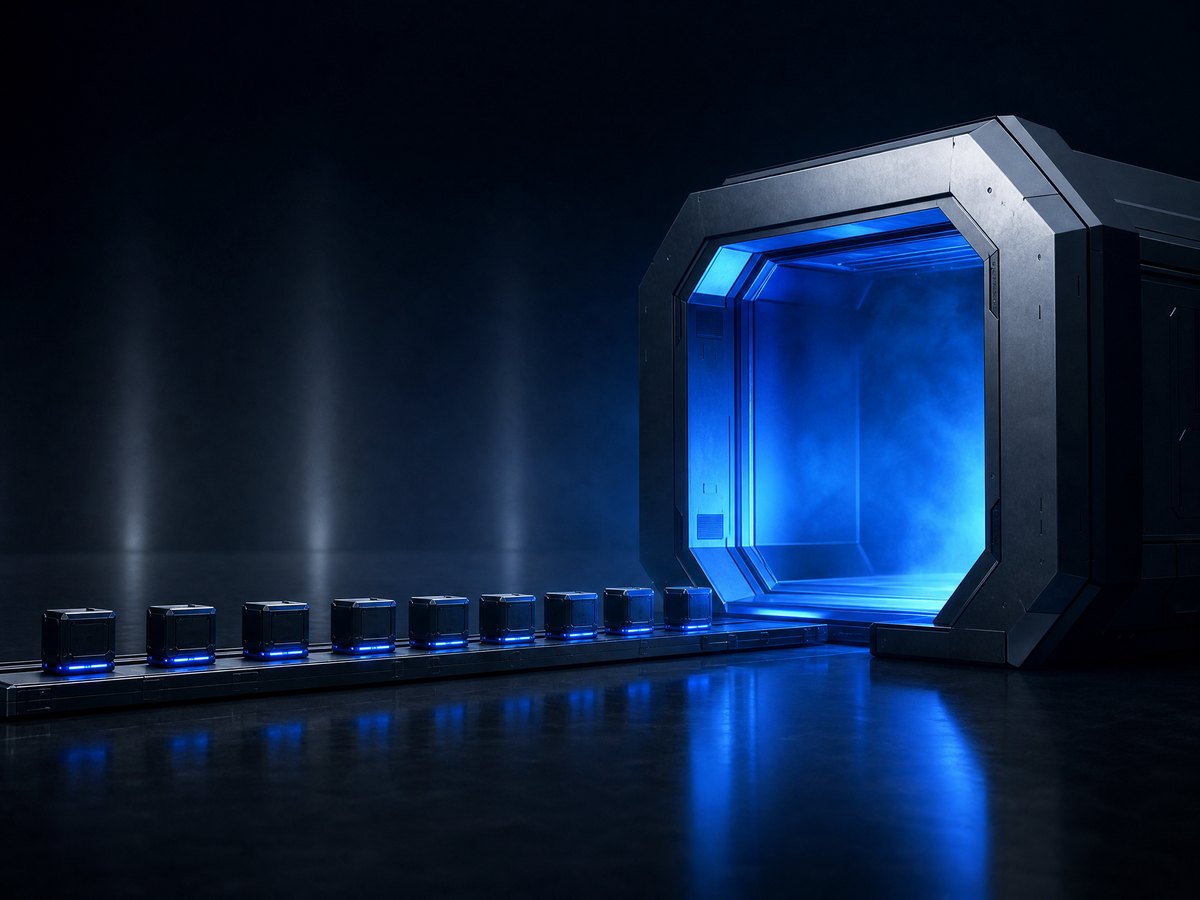Editorial illustration: a sequence of small machined blocks feeding into a much larger illuminated chamber
