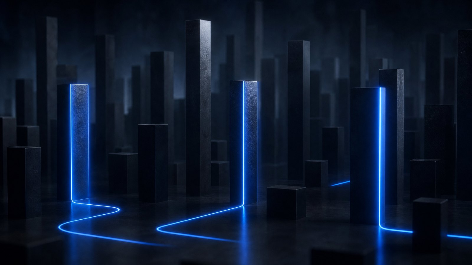 Editorial illustration: dark columns of varying height with three edge-lit in blue and a routing path threading between them