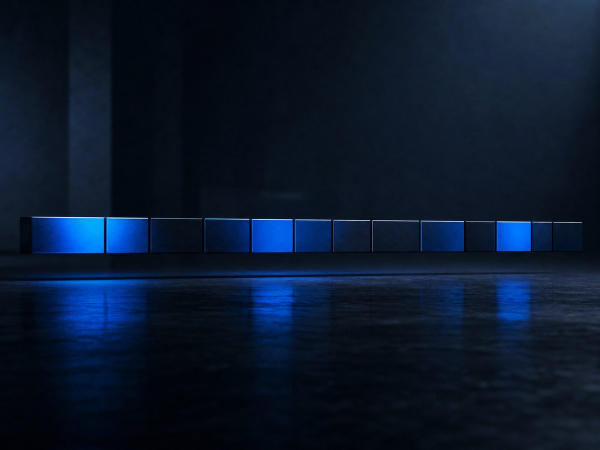 Editorial illustration: a horizontal band of illuminated blue segments of varying width across a dark field