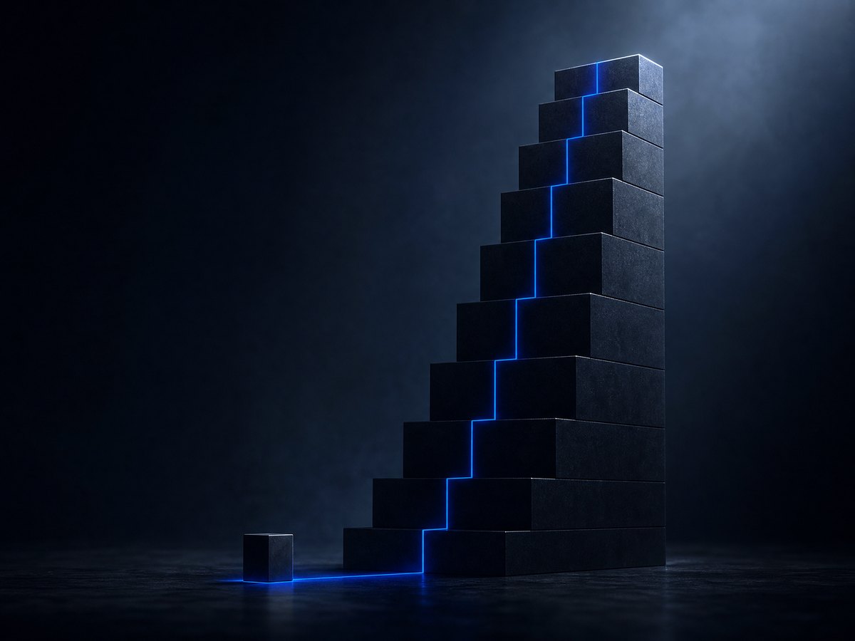 Editorial illustration: a small illuminated block at the base of a much taller stepped structure rising above it