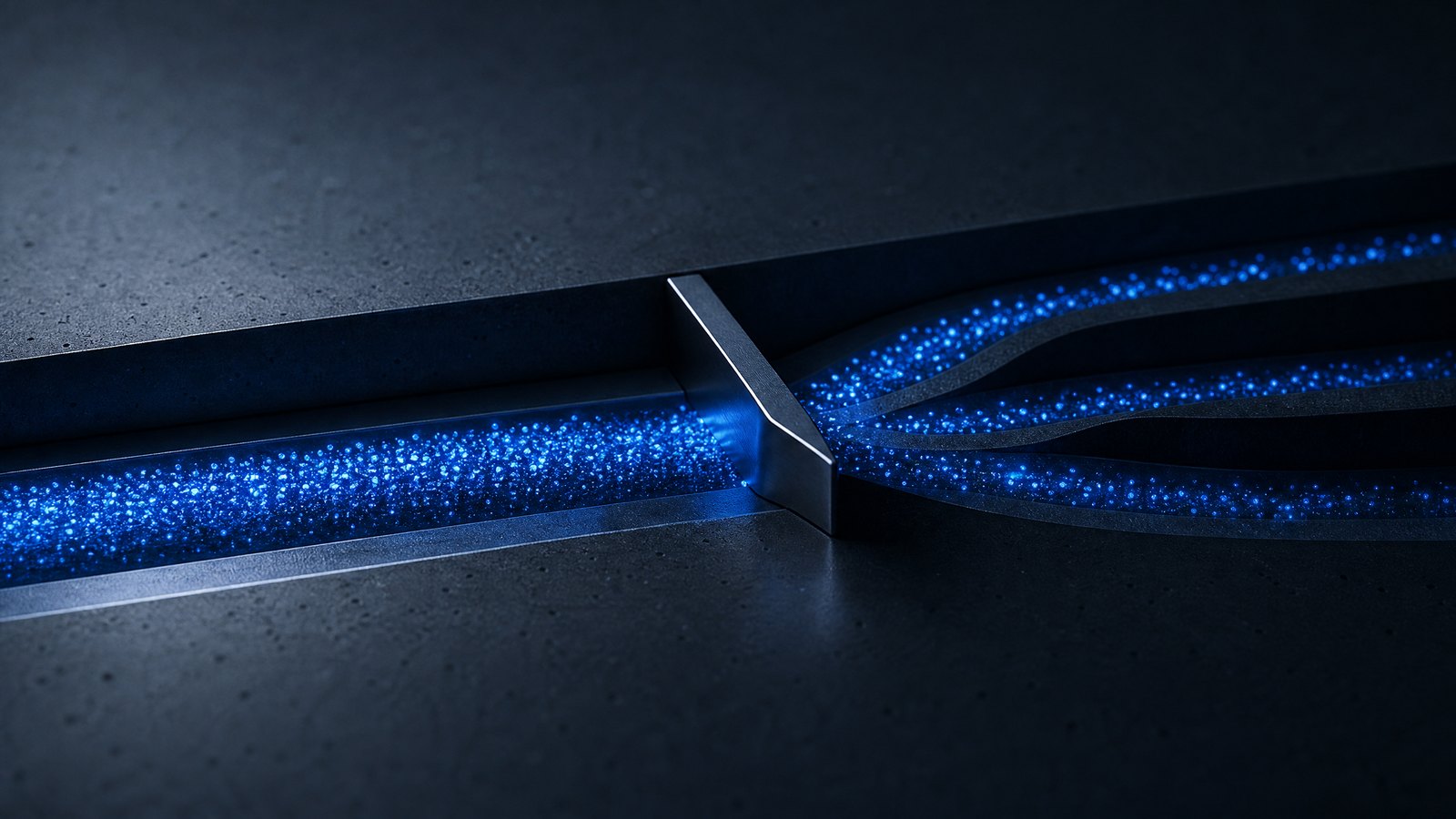 Editorial illustration: a single luminous blue channel branching into many machined routes