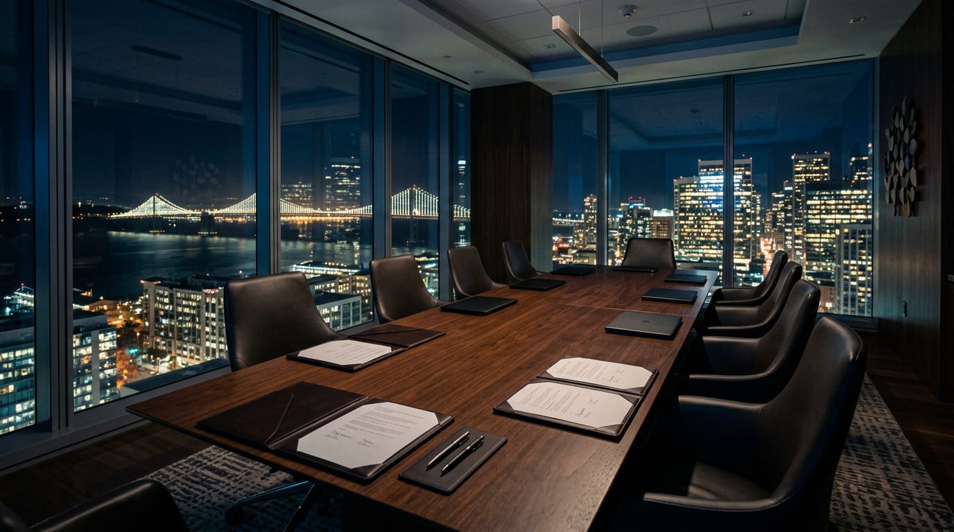 An empty boardroom at night with leather chairs, signed documents and pens laid out on a long table, the Bay Bridge lit beyond the windows