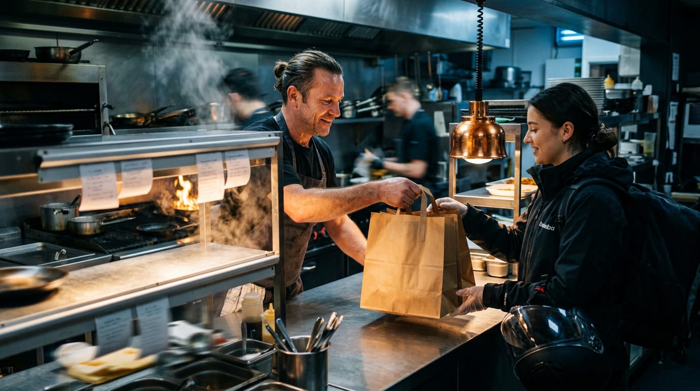 A chef hands a paper takeaway bag to a courier across the pass of a busy restaurant kitchen at night