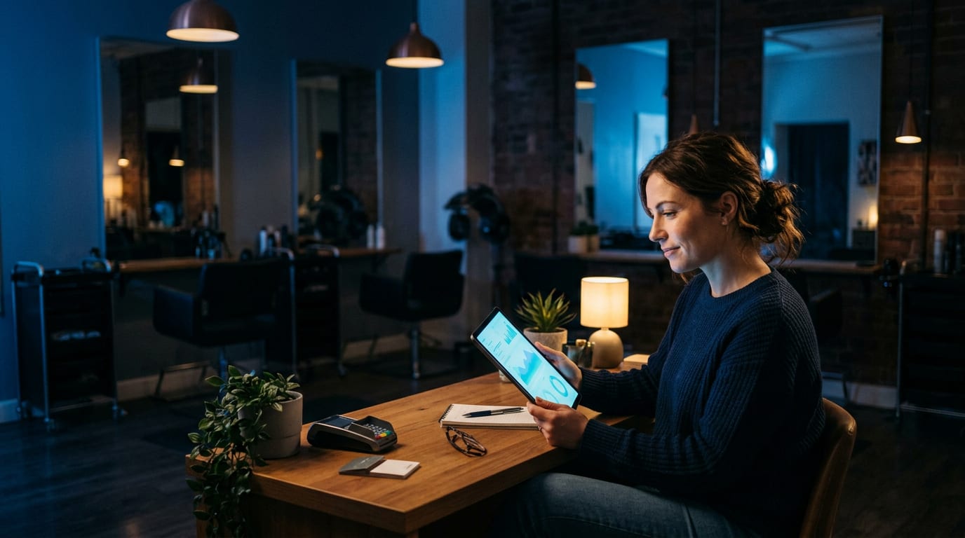 A salon owner sitting at her reception desk after hours, smiling as she reviews a financing offer on a tablet