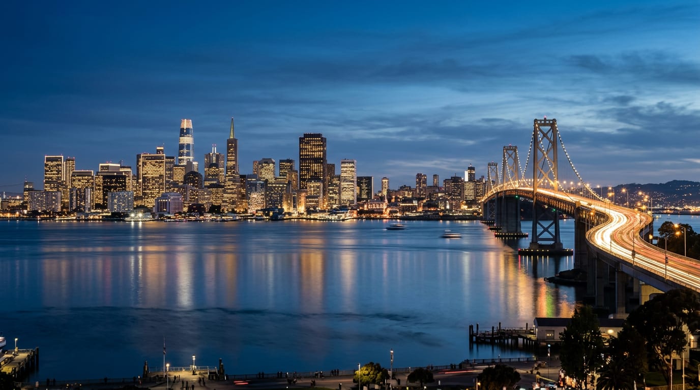 The San Francisco skyline and Bay Bridge at blue hour, lit across the water