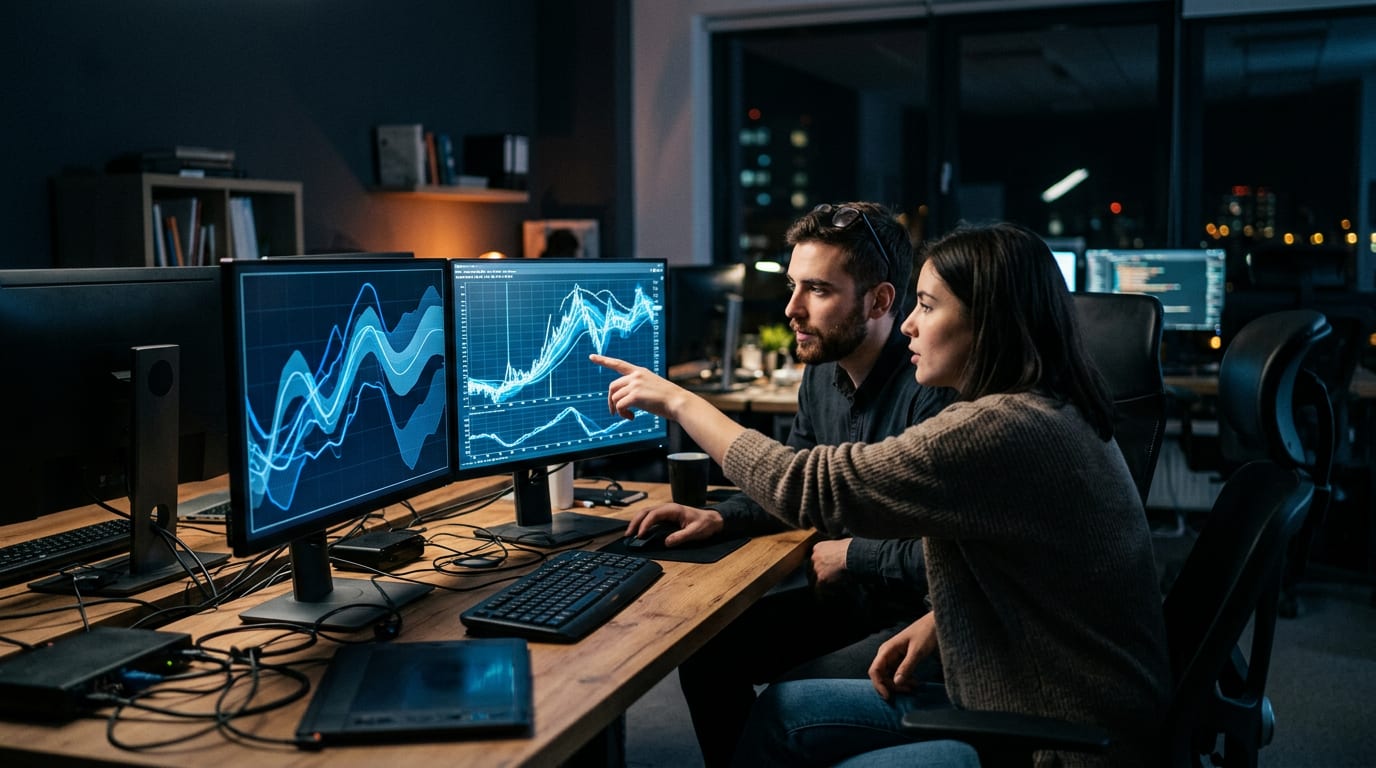 Two analysts in a dark office study wave-like sales forecast charts on twin monitors, one pointing at a peak