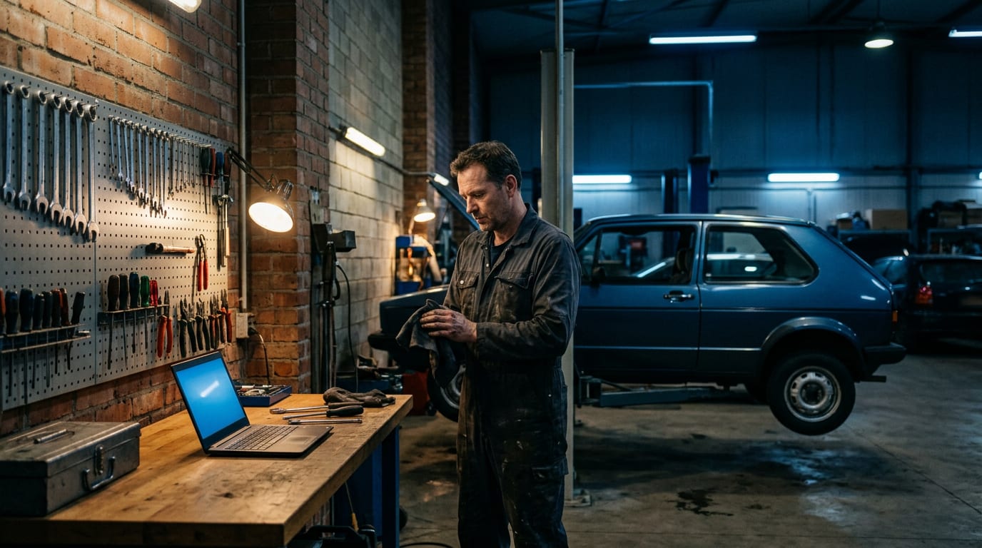 A mechanic wipes his hands beside a laptop on a workbench in an auto repair workshop with a car raised on a lift