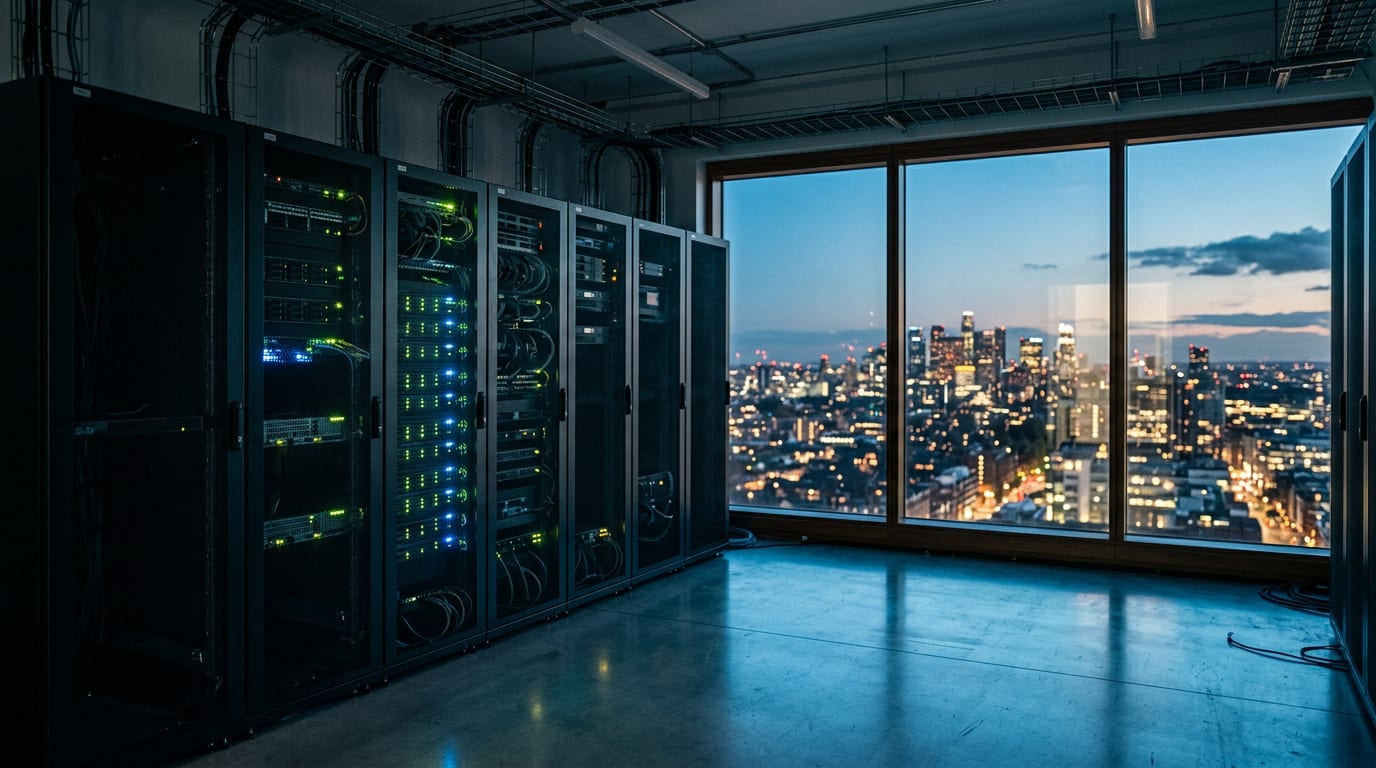 A row of server racks with status lights in an edge data centre at dusk, a city skyline behind