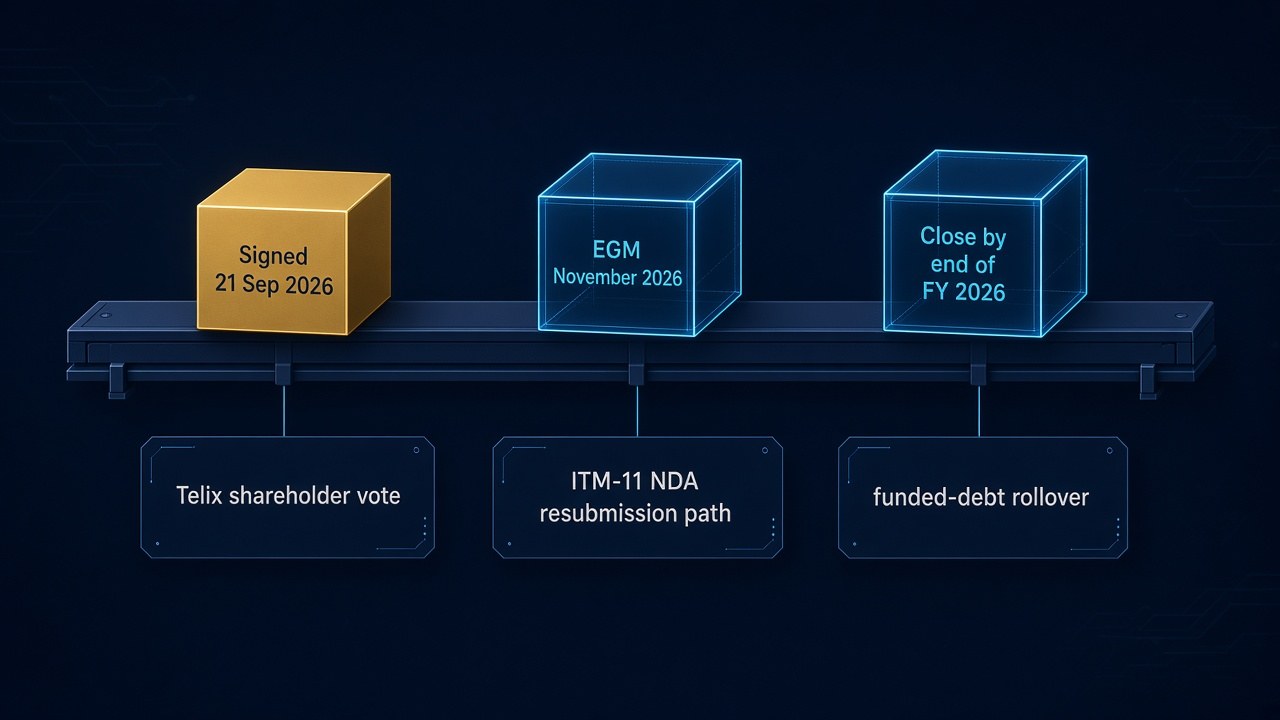Telix ITM close rail from signed 21 September 2026 to EGM November 2026 to close by end of FY 2026 with conditions for Telix shareholder vote, ITM-11 NDA resubmission path and funded-debt rollover