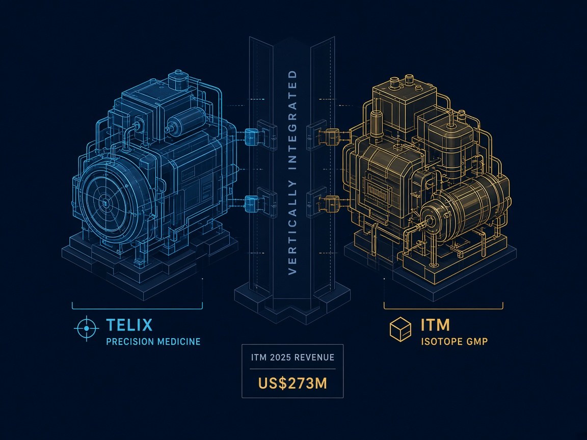 Telix precision-medicine engine and ITM isotope GMP engine locking onto a vertical-integration spine, labelled ITM 2025 revenue US$273 million