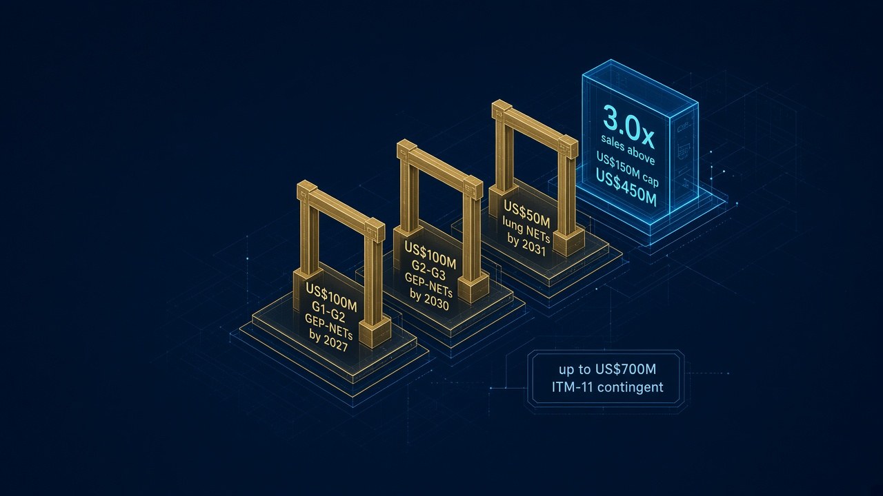 ITM-11 contingent consideration cascade of US$100 million G1-G2 GEP-NETs by 2027, US$100 million G2-G3 by 2030, US$50 million lung NETs by 2031 and a 3.0 times sales formula capped at US$450 million, total cap US$700 million
