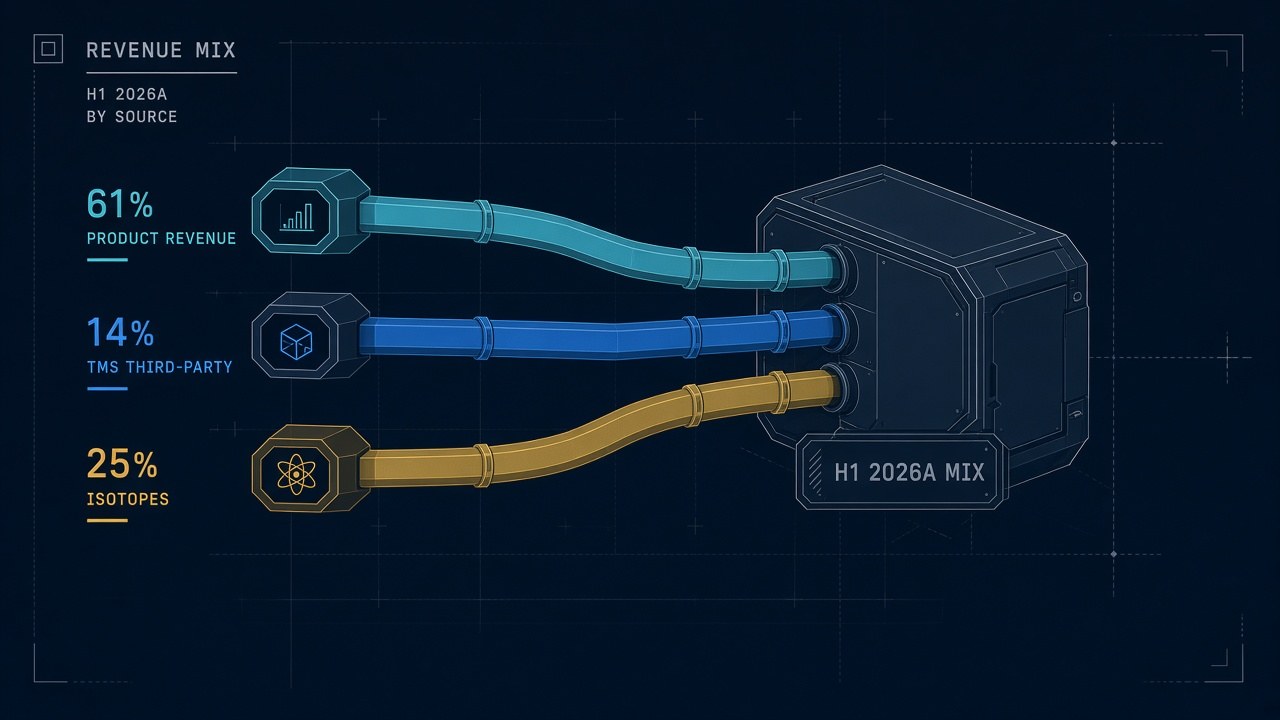 Three revenue pipes for Telix plus ITM H1 2026A mix: 61 percent product revenue, 14 percent TMS third-party, 25 percent isotopes