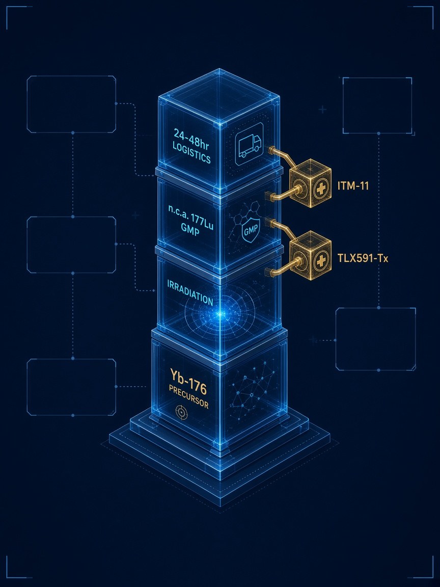 Vertical ITM isotope column from Yb-176 precursor through irradiation and n.c.a. lutetium-177 GMP to 24-48 hour logistics, docking into ITM-11 and TLX591-Tx therapeutic nodes