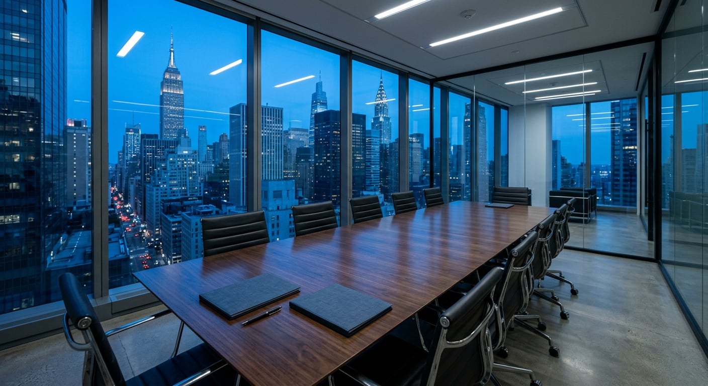 An empty glass-walled boardroom high in a New York tower with a walnut table, leather chairs and two closed document folders, Manhattan skyline at blue hour