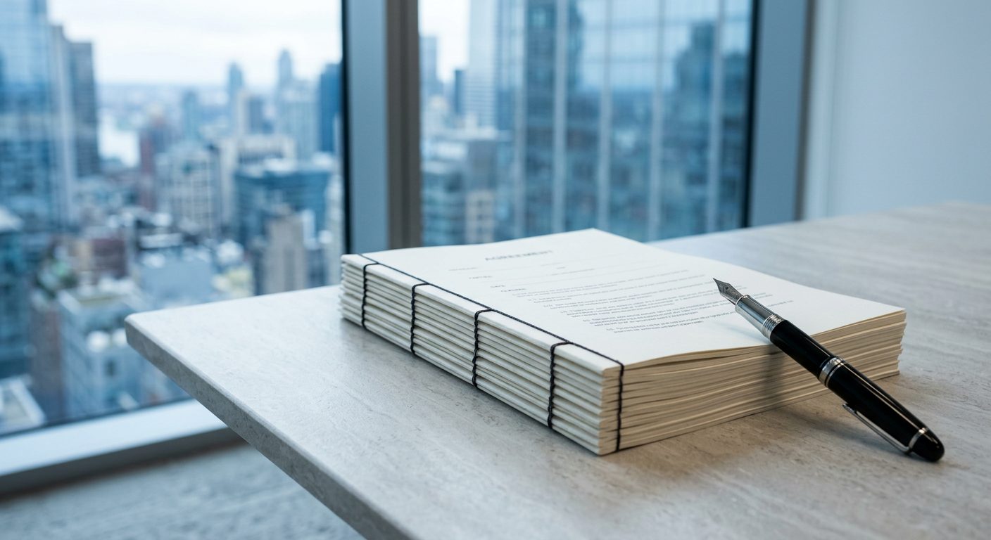 A bound agreement and a black fountain pen on a pale stone table beside a tall window overlooking city towers