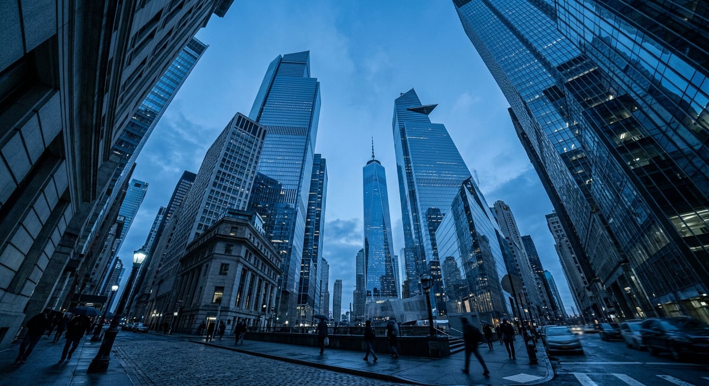 Lower Manhattan financial district towers seen from street level at blue hour, glass facades reflecting a pale blue sky