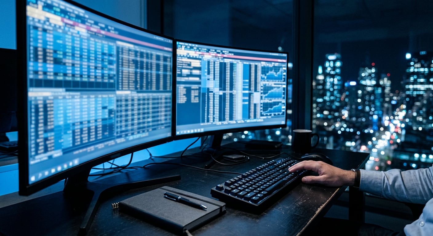 Close-up of a bond trader’s desk at night with two curved monitors showing blurred blue credit trading screens, city lights through the window