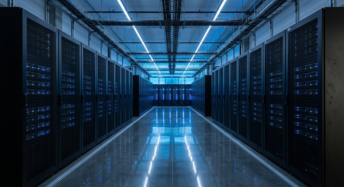 A clean data centre aisle with rows of black server racks and small blue status lights reflected in a polished floor