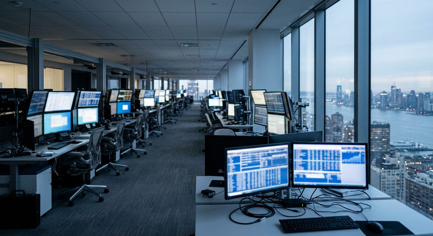 A quiet institutional trading floor high above the New York waterfront at dusk, rows of desks with multiple monitors showing blue data screens