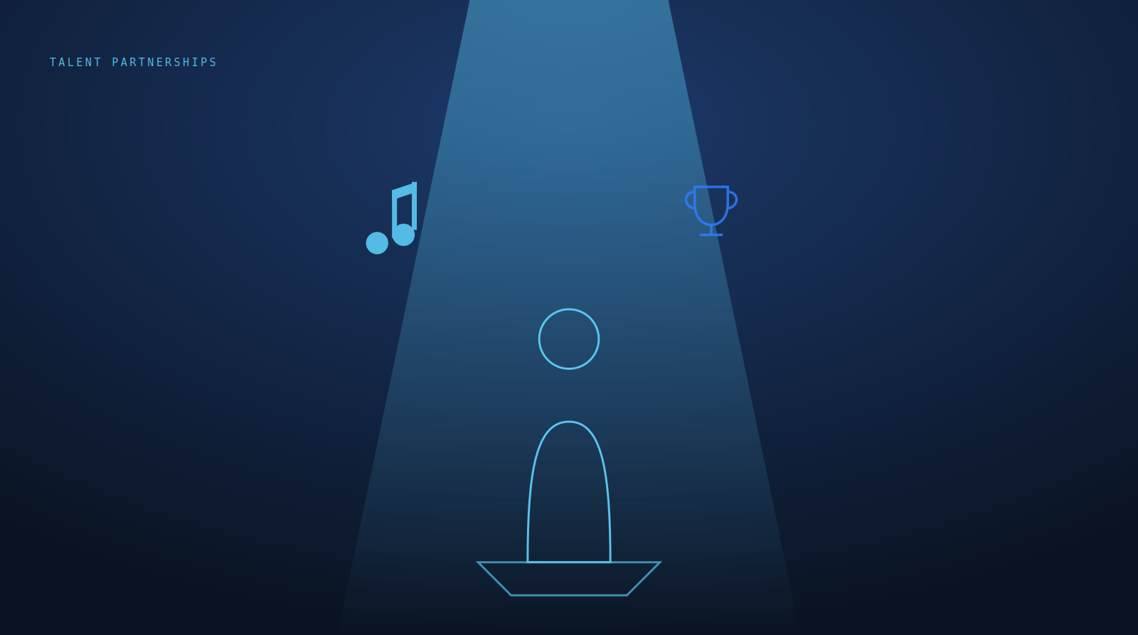 A wireframe spotlight on a generic silhouette figure on a stage pedestal, with a music note and trophy icon floating nearby.