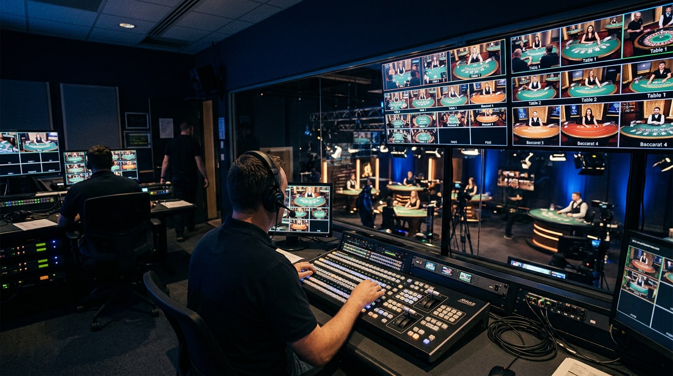 Dense isometric broadcast rig: a filled camera tower and a control module wired by gold and cyan signal lines to a bank of six filled monitor units, with fact panels reading 24/7 English and Live Signal Routing.
