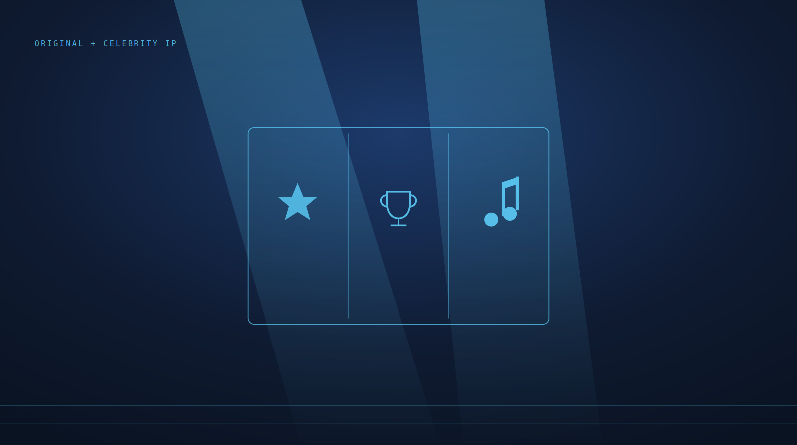 A wireframe slot reel with converging spotlight beams and generic star, trophy and music-note symbols, representing original and celebrity-branded casino content.