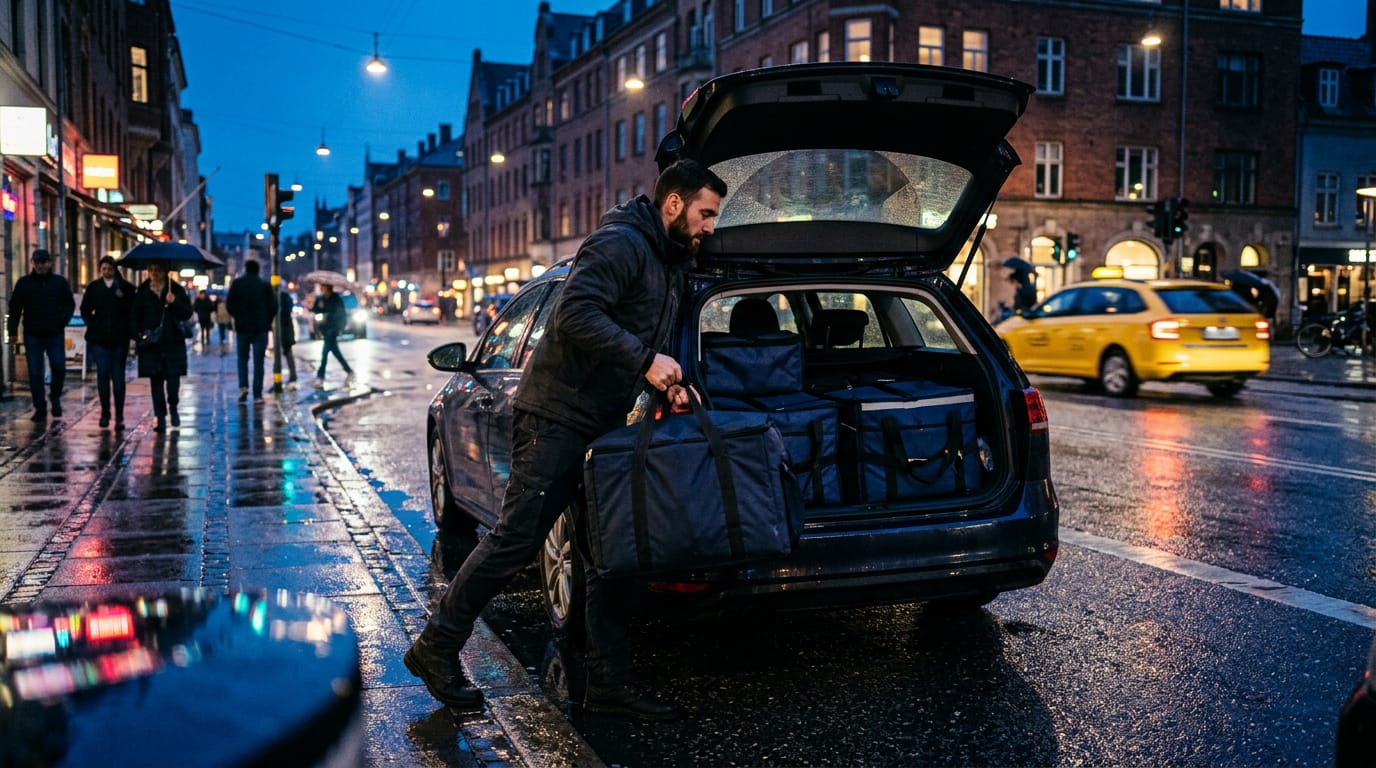 A courier carries stacked catering boxes into a lit office lobby at night, a parked scooter and city lights behind