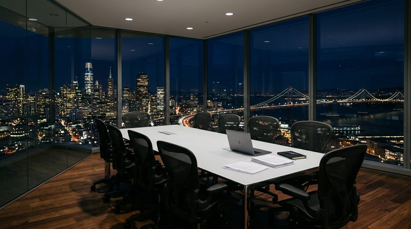 An empty glass-walled boardroom at night with leather chairs around a long table and a city skyline through the windows