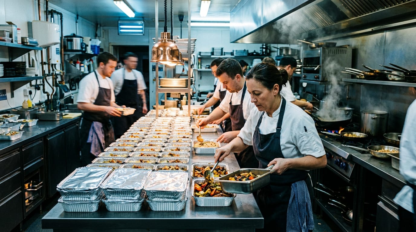 Chefs in a busy commercial restaurant kitchen at night prepare large catering trays under warm task lights against deep blue walls