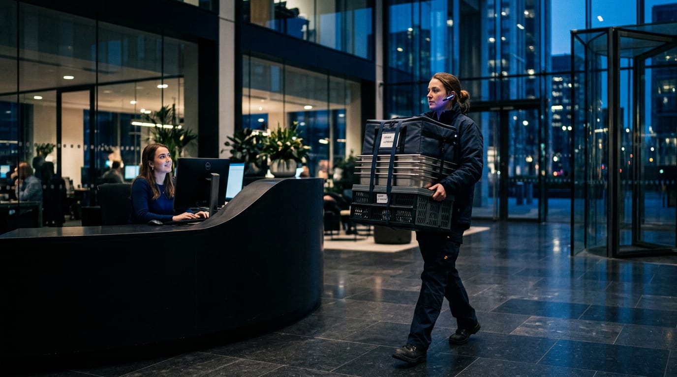 A long office meeting table at dusk laid with catering trays and boxed lunches, city lights glowing through the windows beyond