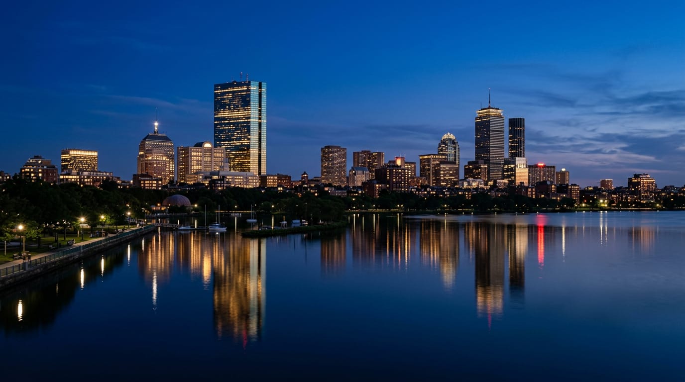 The San Francisco skyline at blue hour with lit towers under a deep navy sky and the bay in the foreground