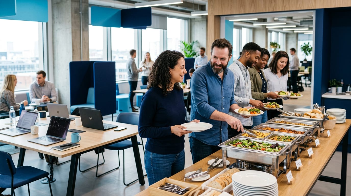 Colleagues share a catered lunch around a modern office table at dusk, with food platters laid out and a city skyline behind