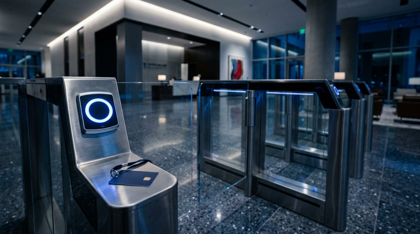 A stainless steel security turnstile with a glowing blue badge reader in a polished granite corporate lobby at night, glass gates and soft blue light