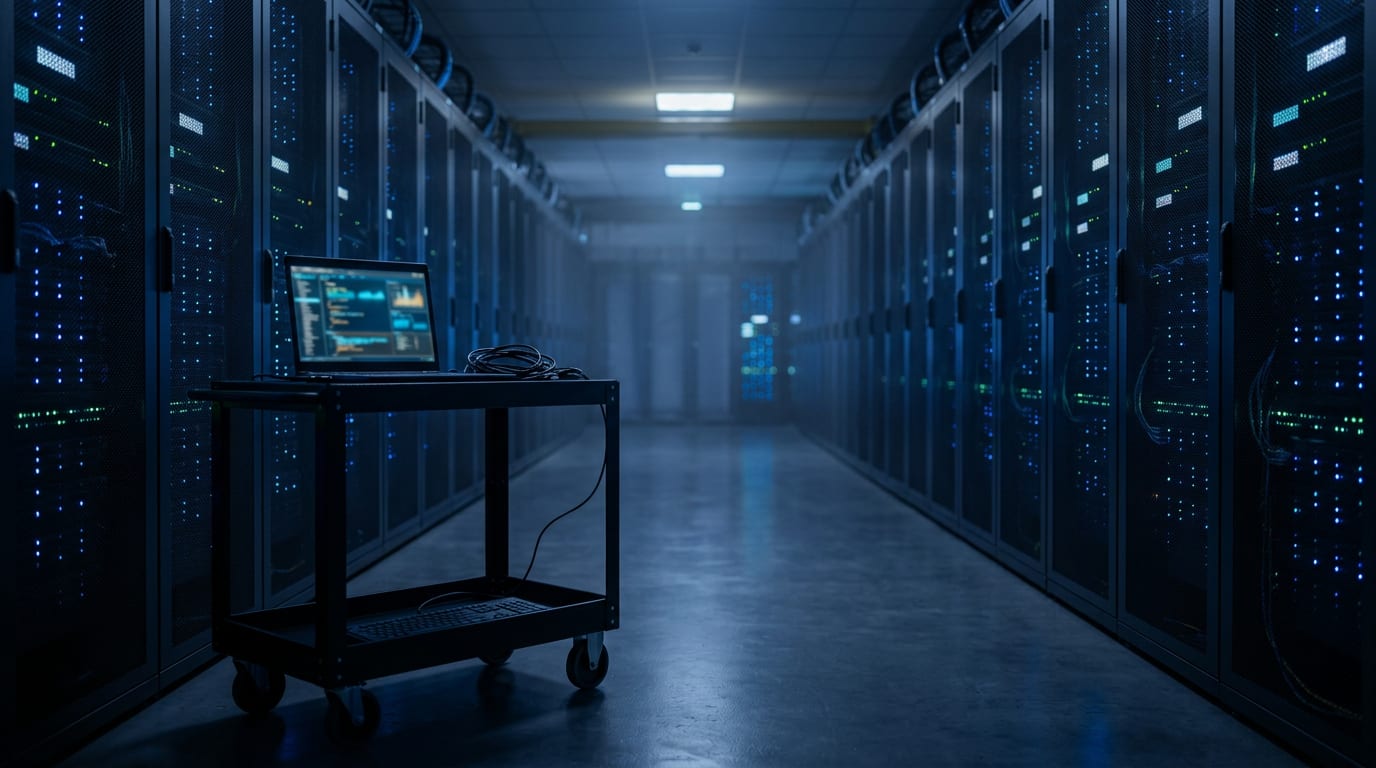 A long data centre aisle in cool blue light, rows of server racks with small status lights, a rolling cart with a laptop showing a blurred console, no readable text