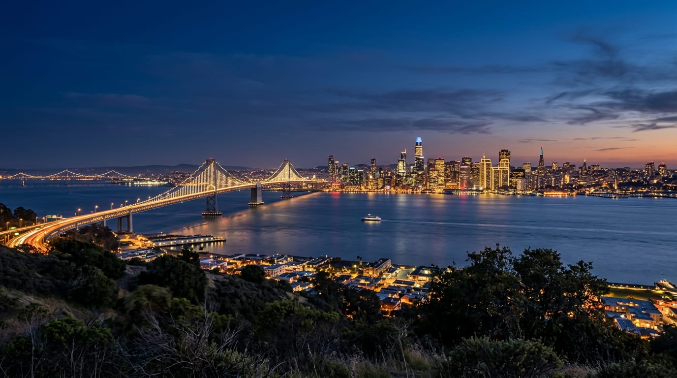 A wide city skyline across a bay at blue hour, a lit suspension bridge on the left, downtown towers glowing, hills and trees in the foreground