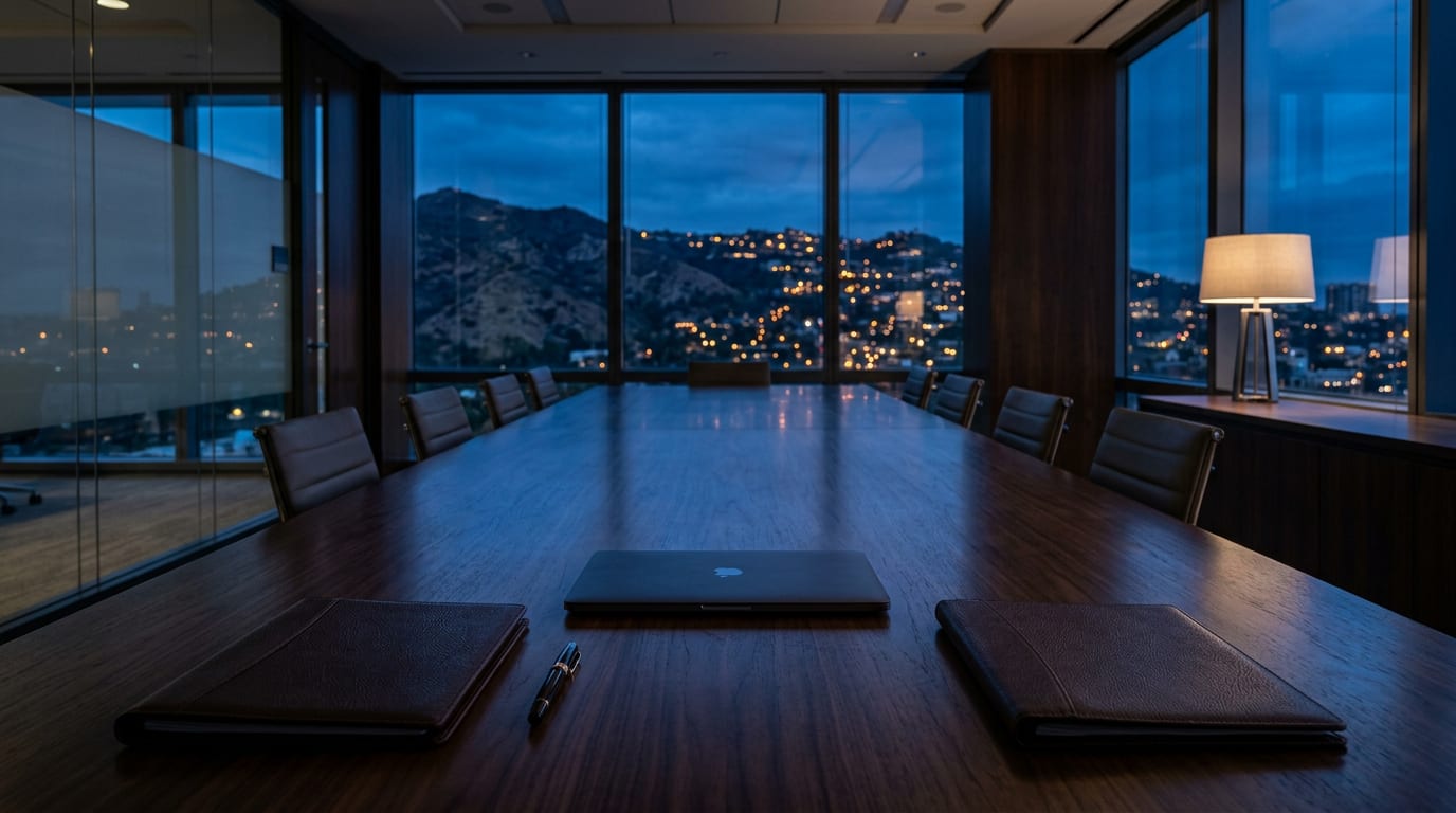 An empty executive boardroom at dusk with a long walnut table, closed leather folders and a pen, hills and city lights through floor-to-ceiling windows