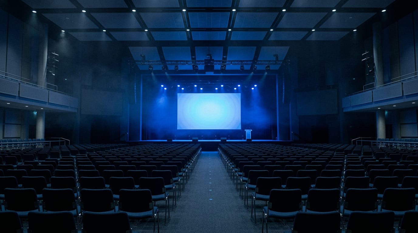 A large conference keynote hall before the doors open, rows of empty seats facing a stage lit by a glowing blue screen, dark ceiling rig