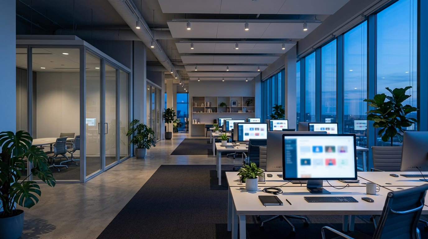 A bright modern open-plan office at blue hour with rows of white desks, monitors showing blurred dashboards, potted plants and tall windows, no people