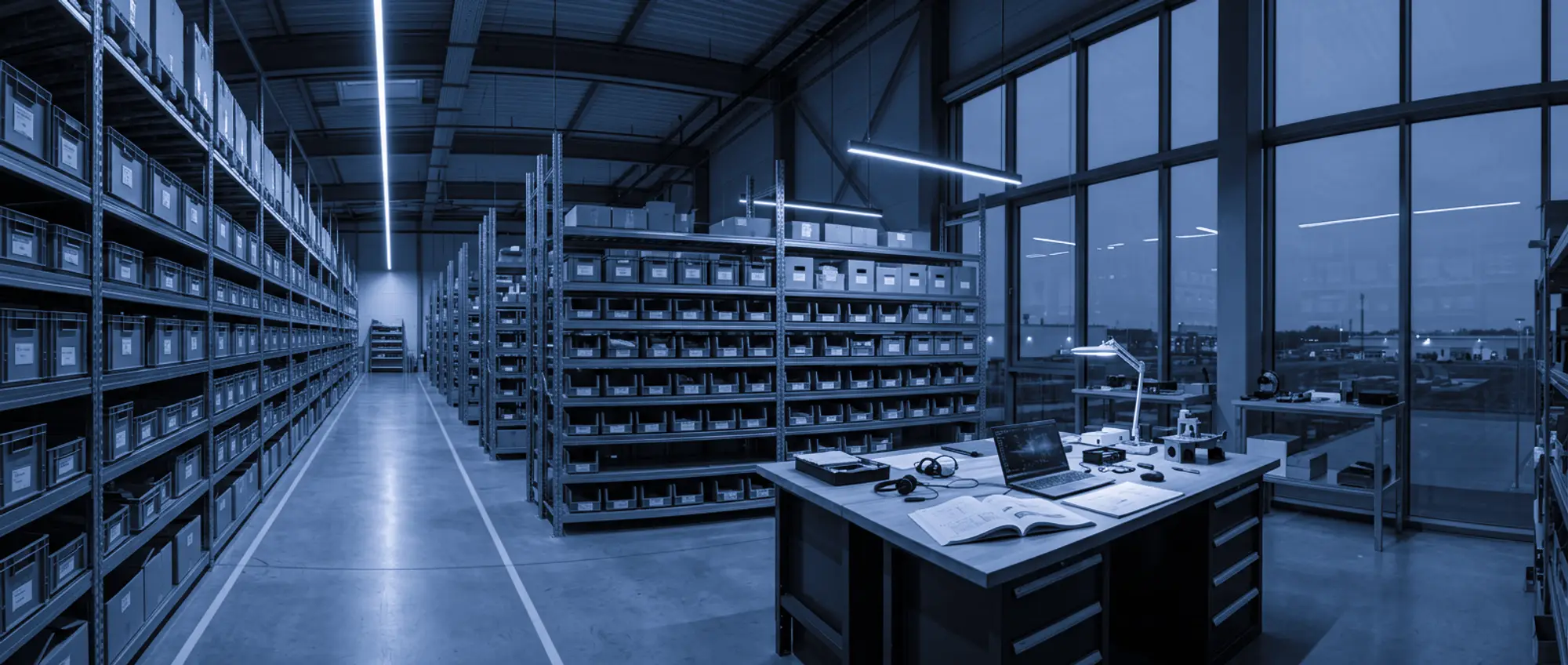 An empty operations floor at dusk with long rows of labelled shelving and an engineering workbench