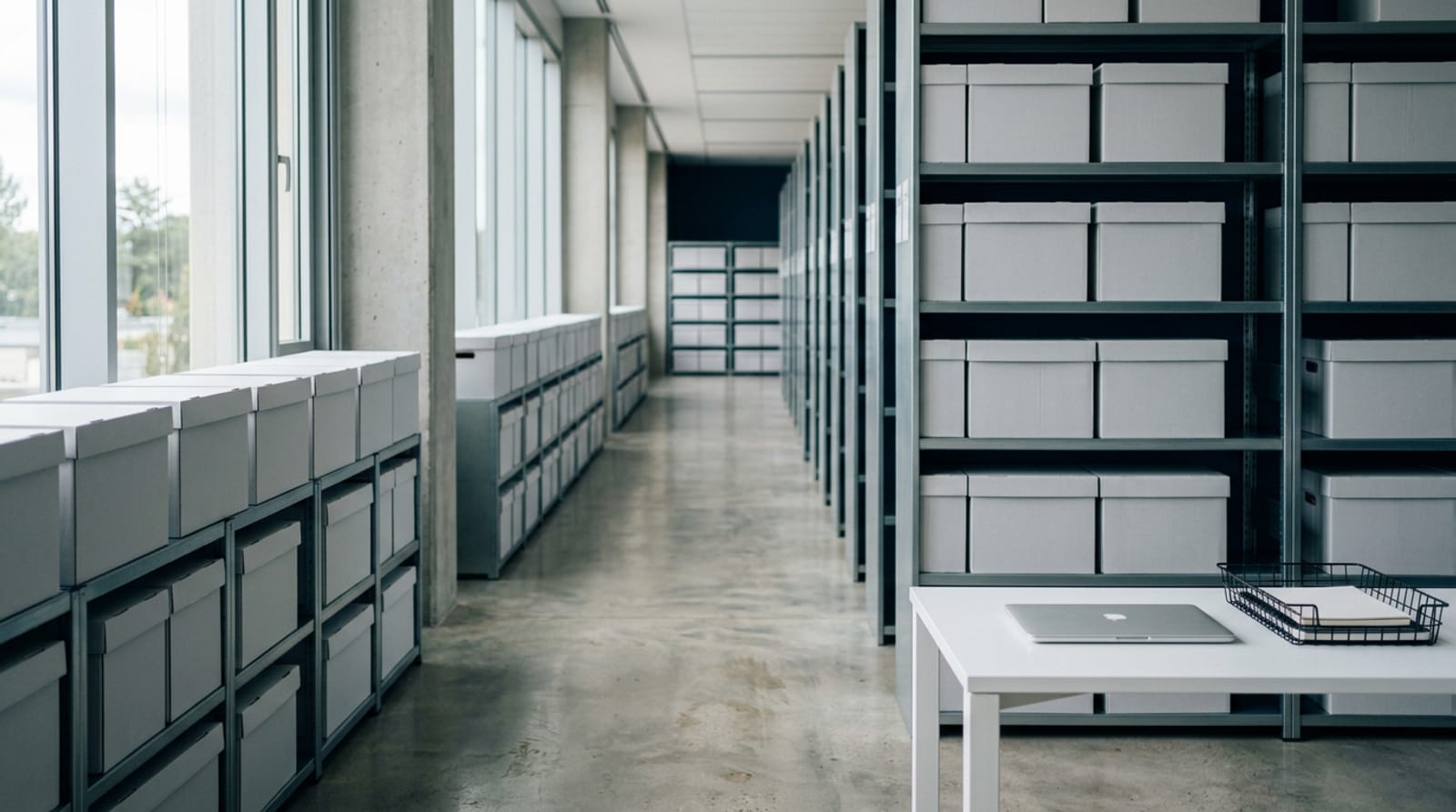 Rows of plain archive boxes on steel shelving in a bright records room